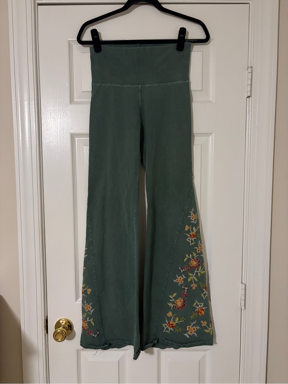 Green Embroidered Boho Flare Pants